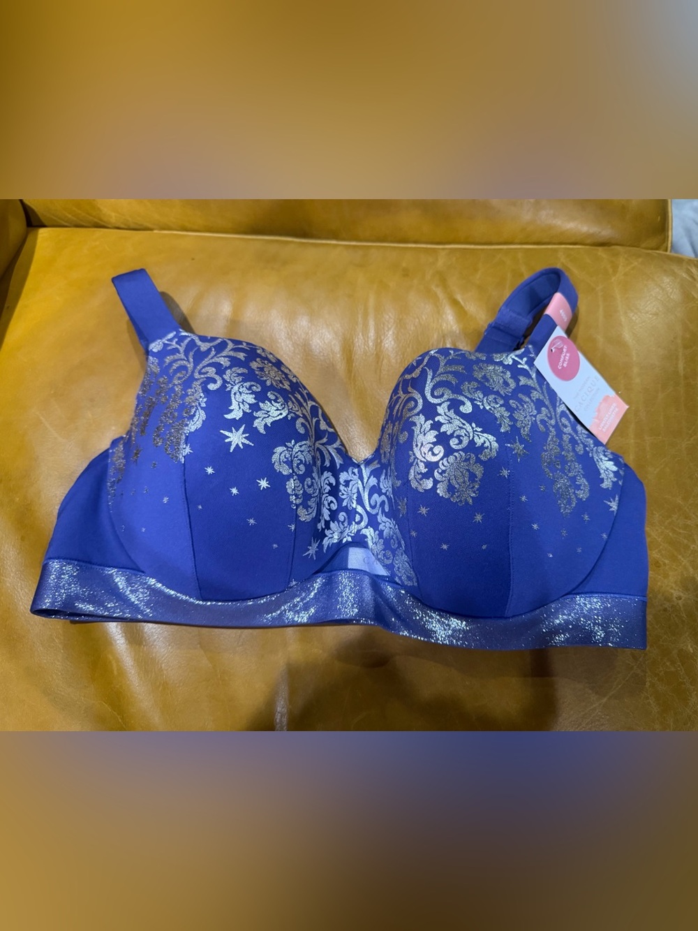 Cacique Comfort Bliss Lightly Lined Balconette Bra 40DD Blue Silver Damask NWT